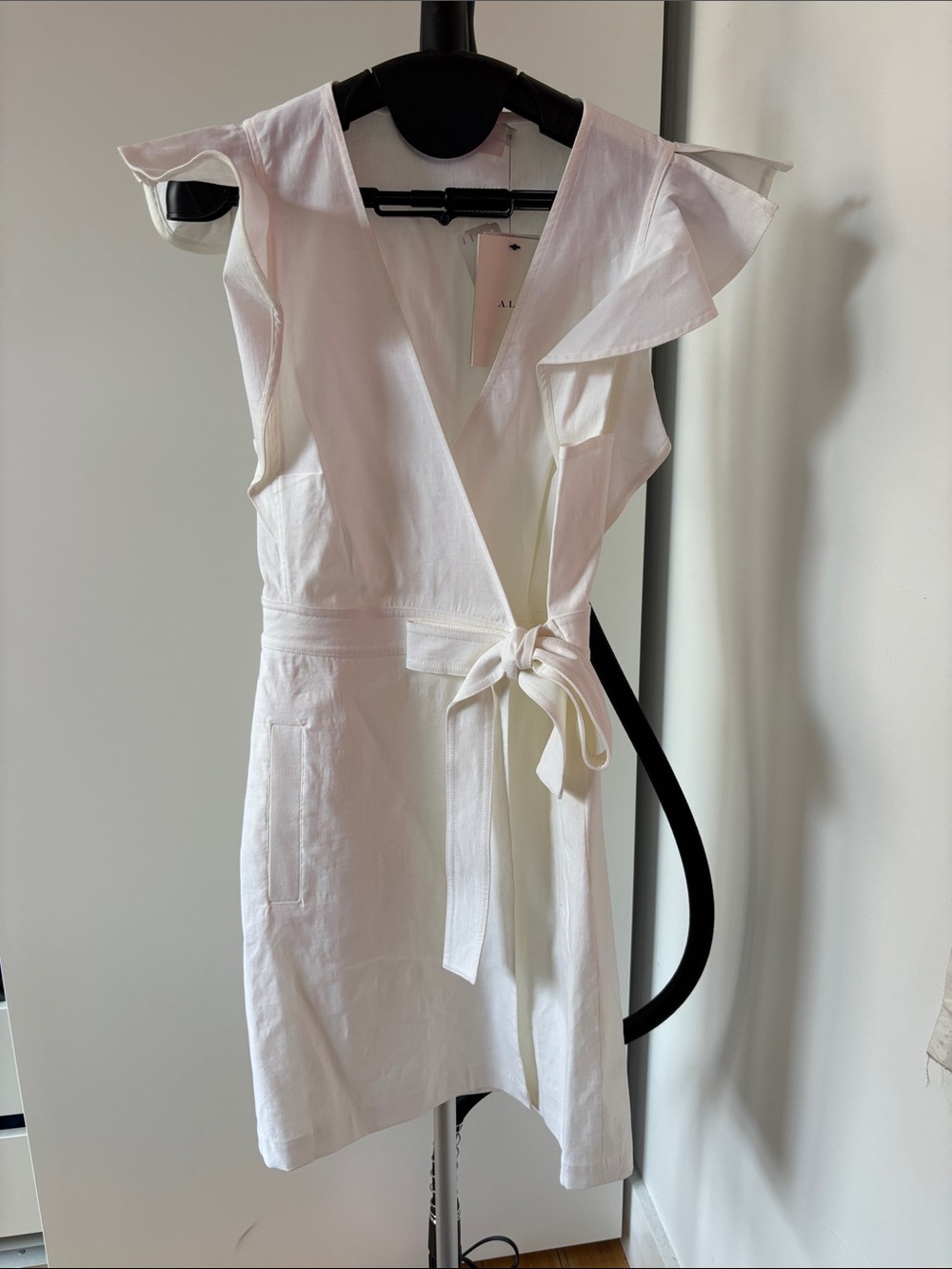 ALC White Wrap Dress with Ruffle Shoulders